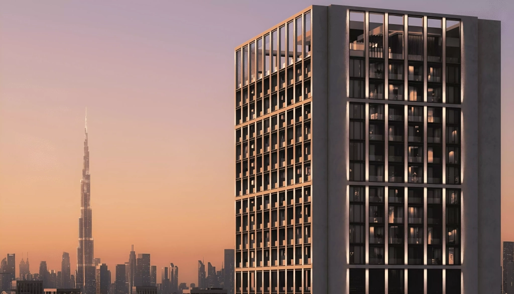 Binghatti Moonlight Al Jaddaf Dubai tower at sunset