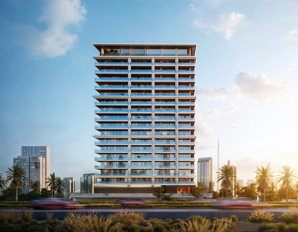 Binghatti Pinnacle Al Jaddaf Dubai exterior view at sunset