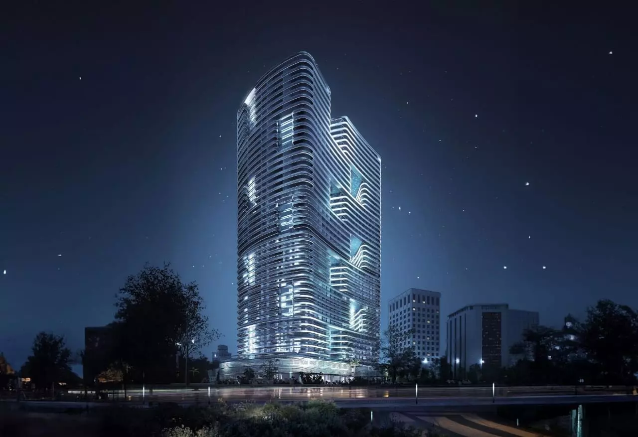 Binghatti Hills exterior view – Modern residential tower in Dubai Science Park by Binghatti Developers.