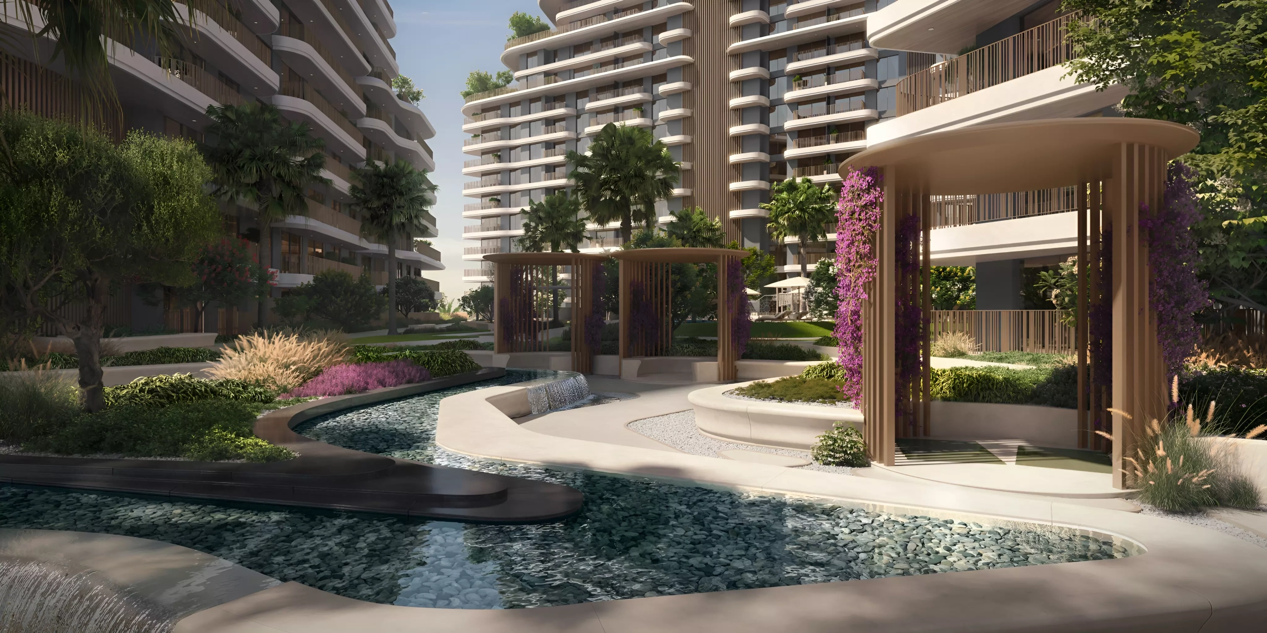 Moss by Aldar – sustainable 1‑ to 3‑bed eco‑luxury apartments in Verdes, Dubailand, surrounded by lush green landscaping and wellness amenities.