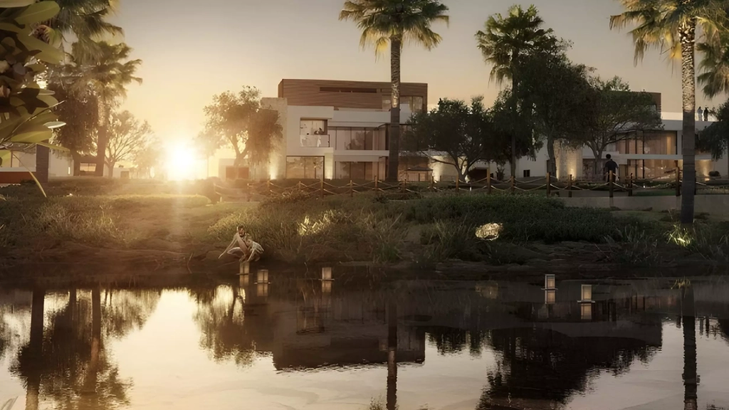 Tranquillity Haven – modern 3‑ to 6‑bed luxury villas in Dubailand with lush landscaping, water features, and wellness amenities.