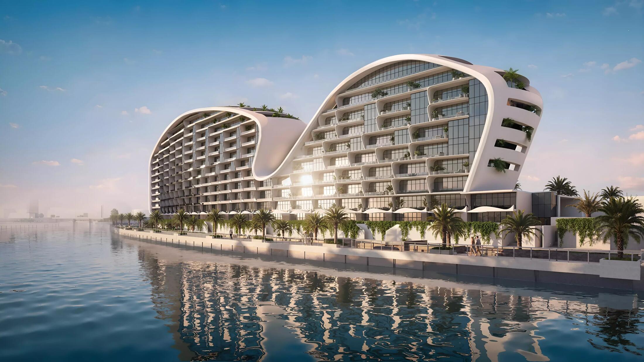 Exterior view of Hilton Residences Al Raha Beach waterfront development