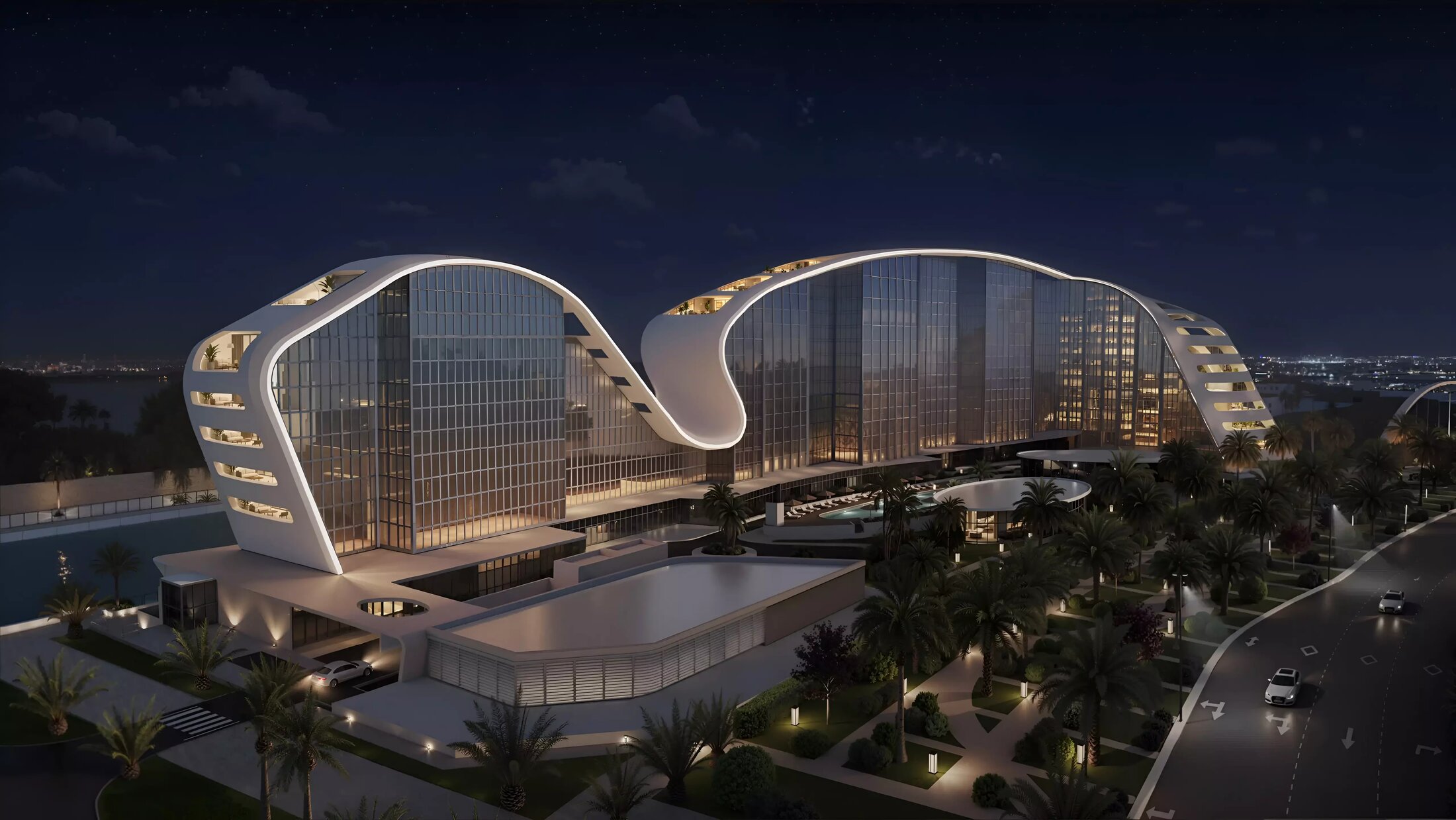 Exterior view of Hilton Residences Al Raha Beach waterfront development