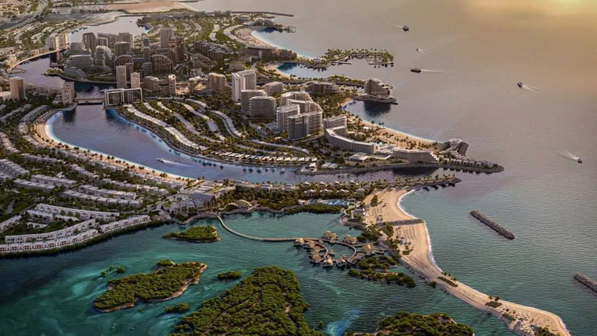 Ras Al Khaimah UAE coastline, mountains and modern waterfront developments